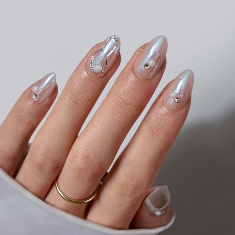 BTArtbox Press On Nails Short  Pearl Accents Chrome Almond Press On Nails with Glue for Women Opaque Soft Gel Glue On Nails in 16 Sizes  32 Stick On Nails Kit Tidal Pearl